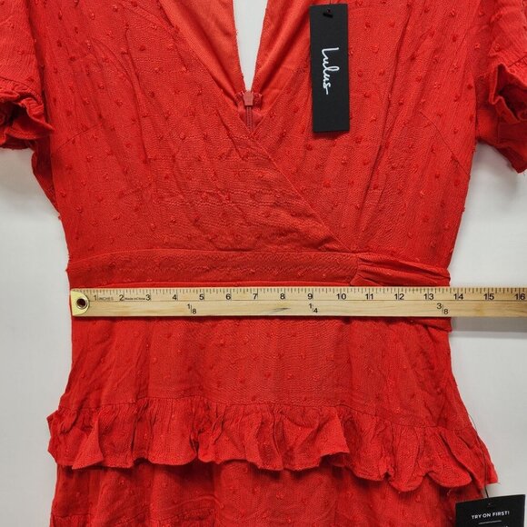 Lulus Red Wrap dress ruffle Knot Tie Sleeves Waist Tie Lined Bodice Size Medium - Picture 8 of 13